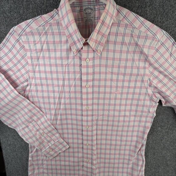Brooks Brothers Non Iron Button Up Shirt Men Pink Blue Plaid Large Supima ** - Picture 2 of 14